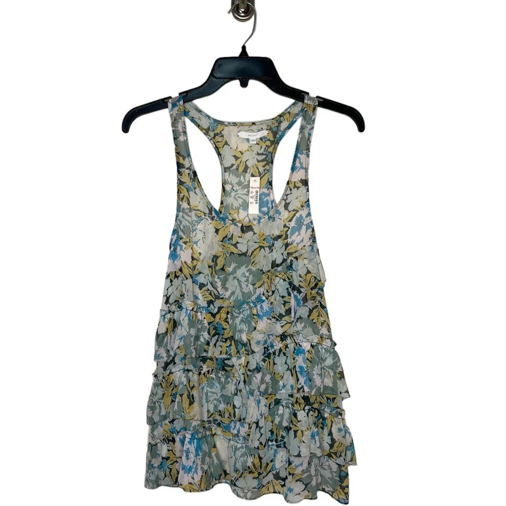 Eliot Madewell Silk Tank Top Ruffles Sz S Racerback Green Blue Sleeveless Blouse